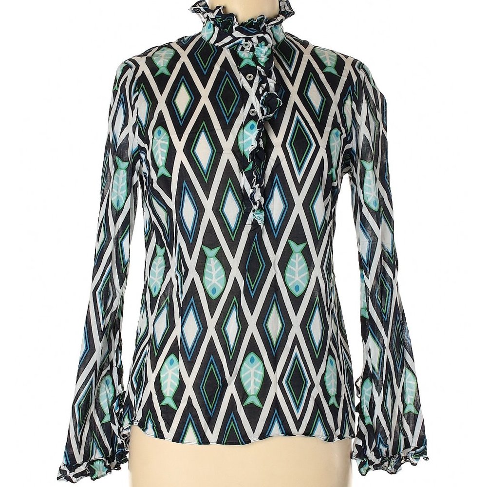 Tory Burch Blue Green Cotton Fish Print Blouse 6.